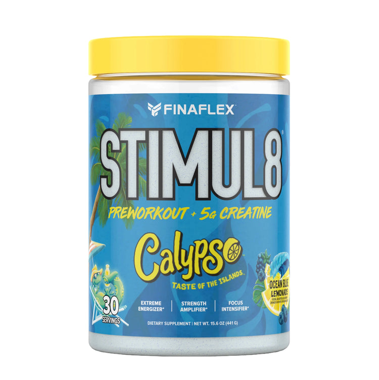 Finaflex Stimul8 Calypso pre-workout tub, blue label, 30 servings, front of pack