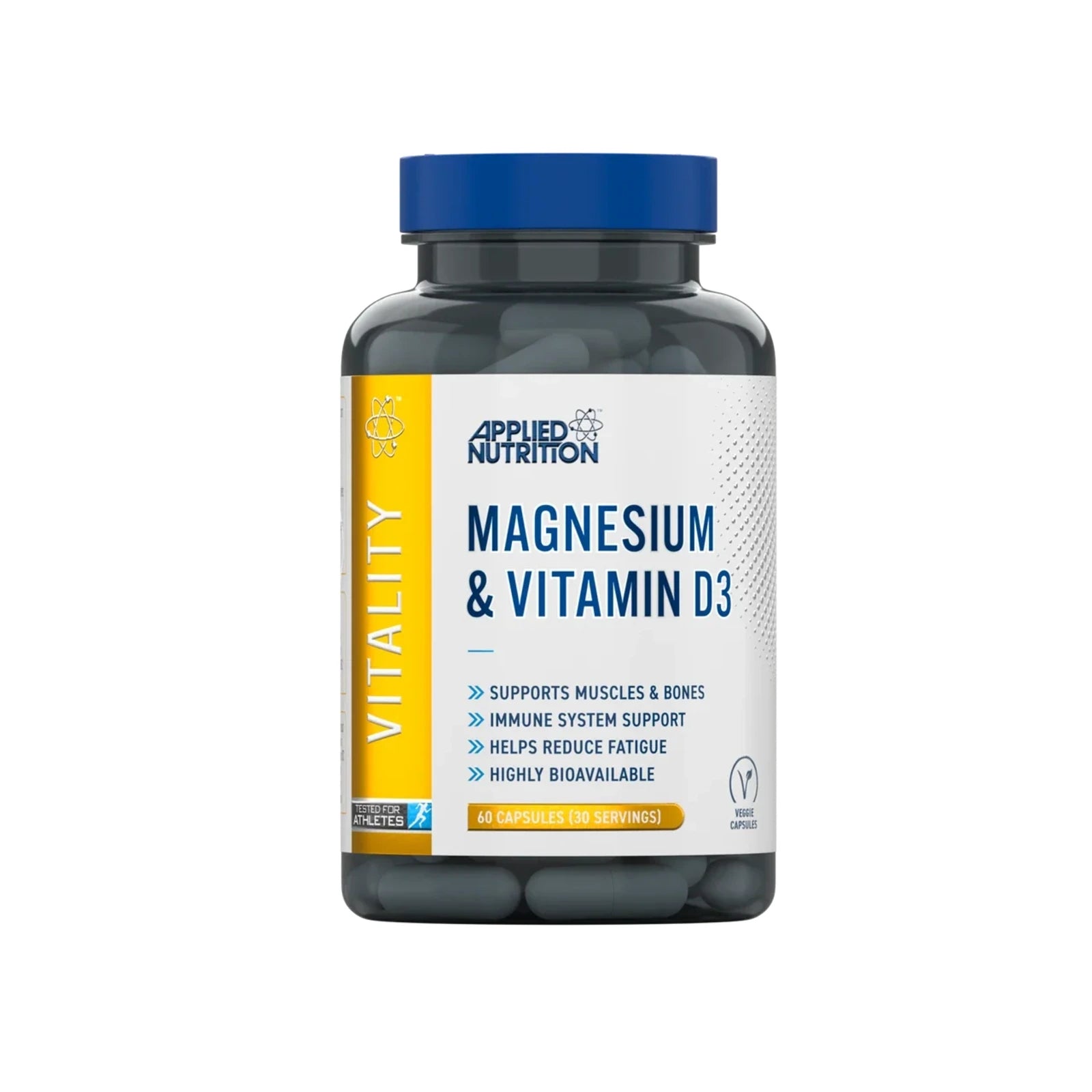 Applied Nutrition Magnesium and Vitamin D3, 60 capsule bottle, front of pack