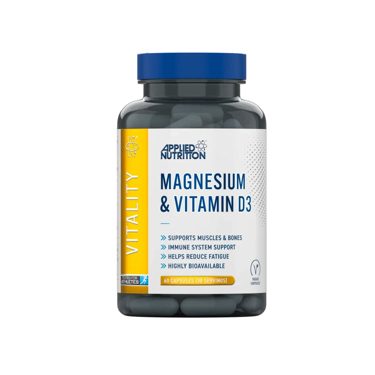 Applied Nutrition Magnesium and Vitamin D3, 60 capsule bottle, front of pack