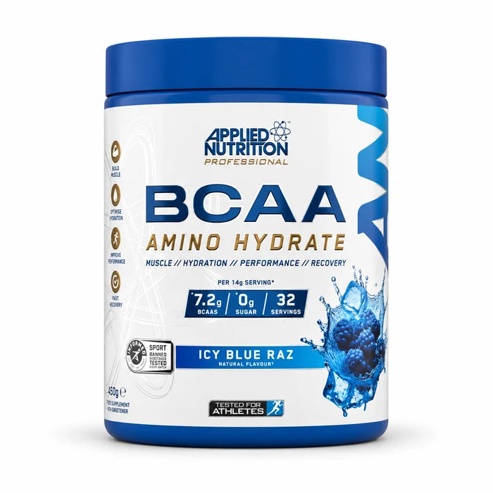 Applied Nutrition BCAA Amino Hydrate 450g Icy Blue Raz tub on a white background