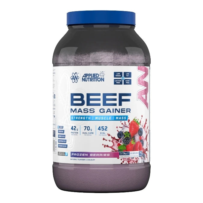 Applied Nutrition Beef Mass Gainer tub, Frozen Berries flavour, 42g protein and 452 kcal per serving, front of pack