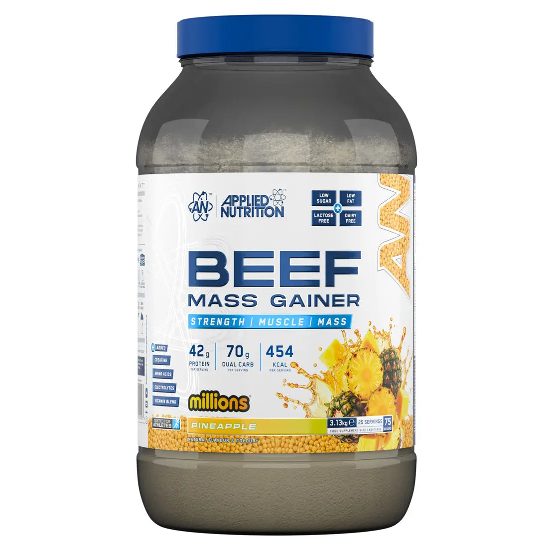 Beef mass gainer supplement container with blue lid and white label on a white background