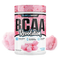 MuscleSport BCAA Revolution 450g, Cotton Candy, tub front on white background