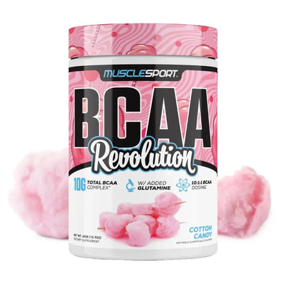 MuscleSport BCAA Revolution 450g, Cotton Candy, tub front on white background