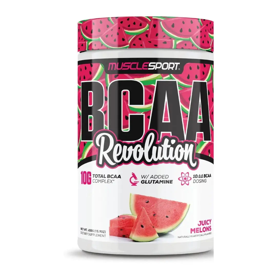MuscleSport BCAA Revolution 450g, Juicy Melons, tub front on white background