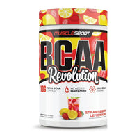 MuscleSport BCAA Revolution 450g, Strawberry Lemonade, tub front on white background