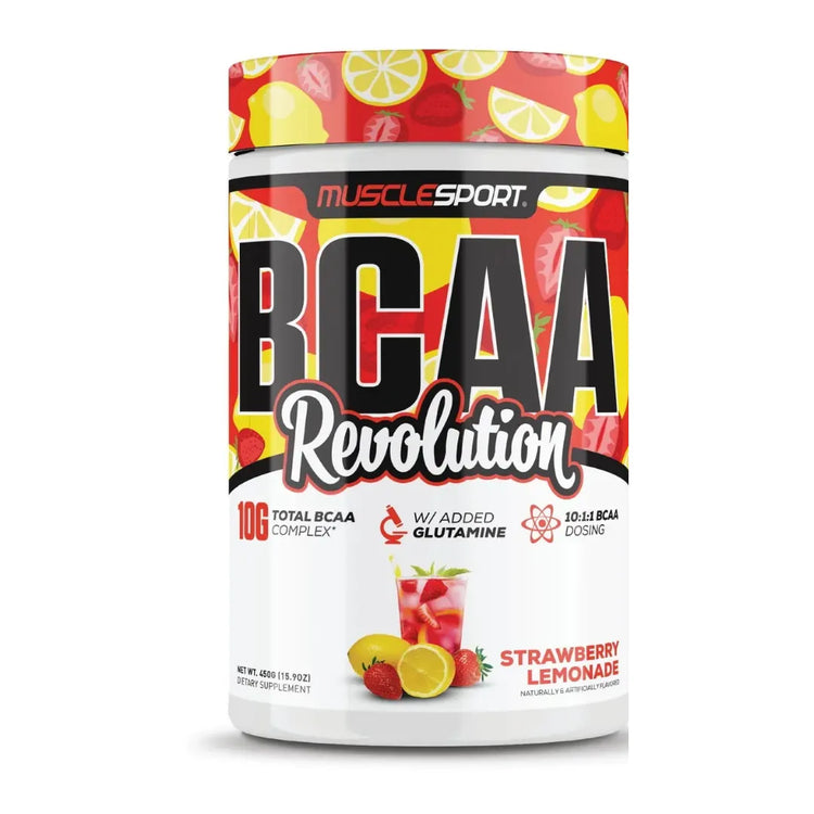 MuscleSport BCAA Revolution 450g, Strawberry Lemonade, tub front on white background