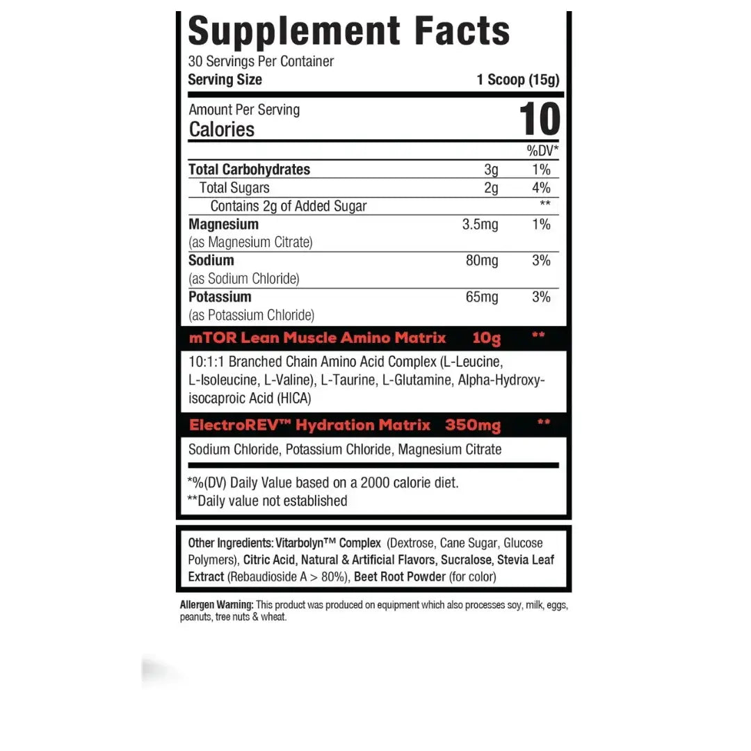 MuscleSport BCAA Revolution supplement facts panel, 15g serving, 30 servings, 10g amino matrix and full ingredient list with allergen warning