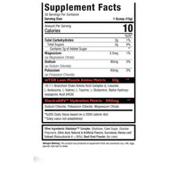 MuscleSport BCAA Revolution supplement facts panel, 15g serving, 30 servings, 10g amino matrix and full ingredient list with allergen warning