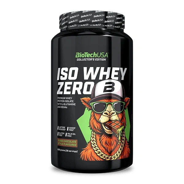 BioTechUSA Iso Whey Zero Dubai Chocolate Style Special Edition 908g tub on a white background