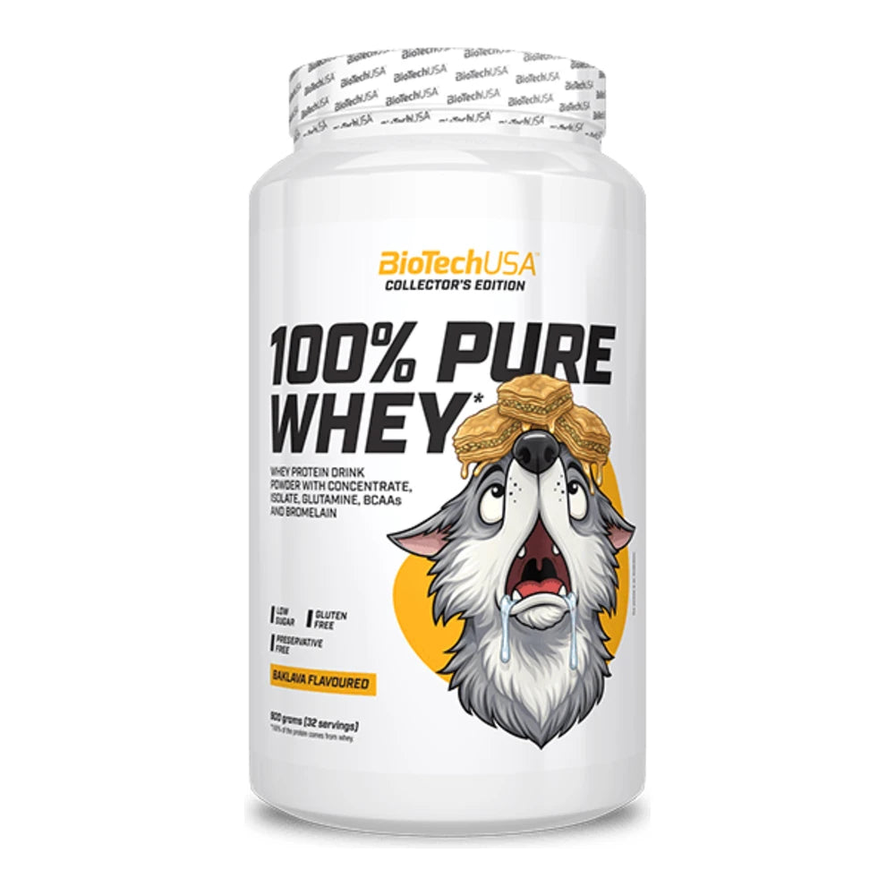 BioTechUSA 100% Pure Whey 900g Baklava tub, front of pack on white background