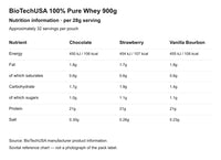 BioTechUSA Pure Whey 900g nutrition per 28g serving for Chocolate, Strawberry and Vanilla Bourbon — reference chart