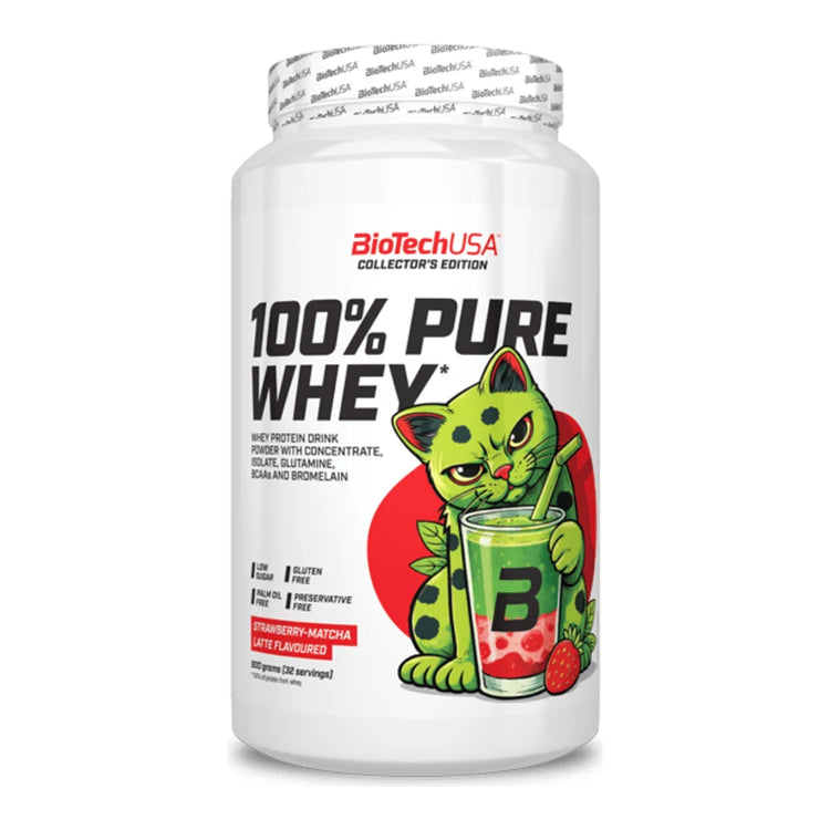 BioTechUSA 100% Pure Whey 900g Strawberry Matcha Latte tub, front of pack on white background
