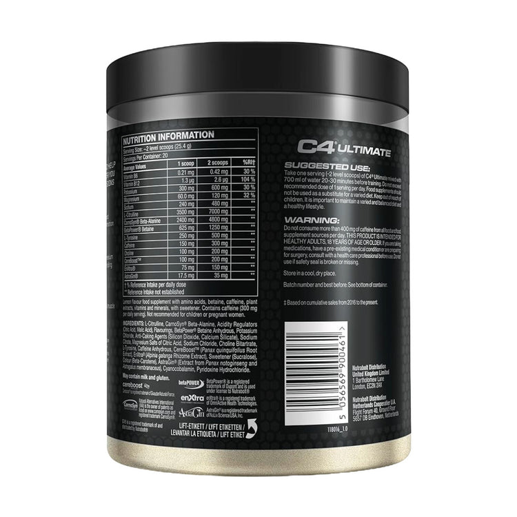 Cellucor C4 Ultimate back of tub showing the supplement facts label