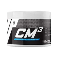 Container of CM3 creatine supplement on a white background