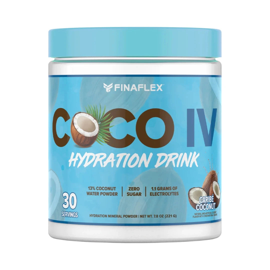 Finaflex COCO IV Hydration Drink, pale blue tub, 30 servings, front of pack