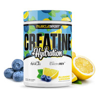 MuscleSport Creatine and Hydration 300g, Blueberry Lemonade, tub front on white background