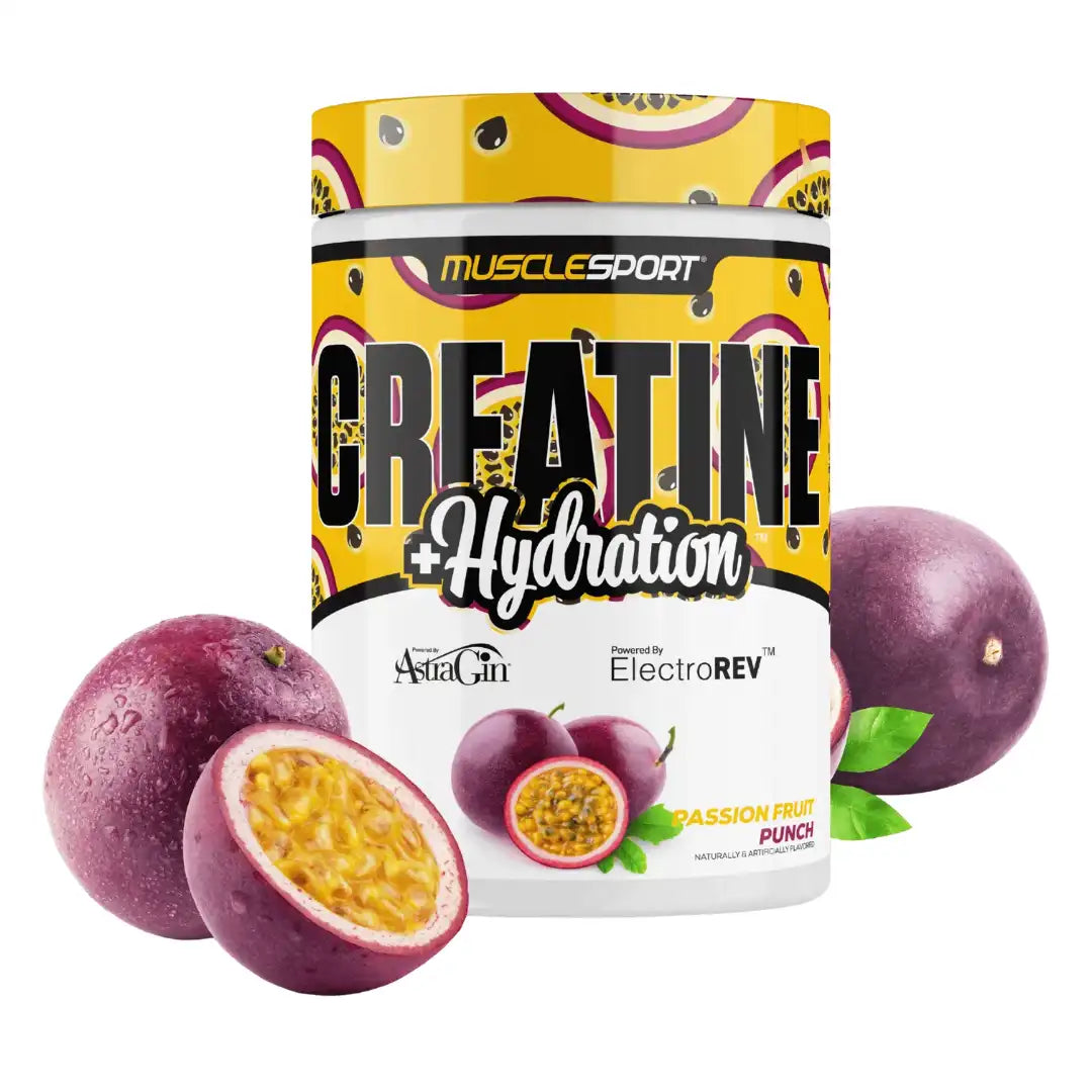 MuscleSport Creatine and Hydration 300g, Passion Fruit Punch, tub front on white background