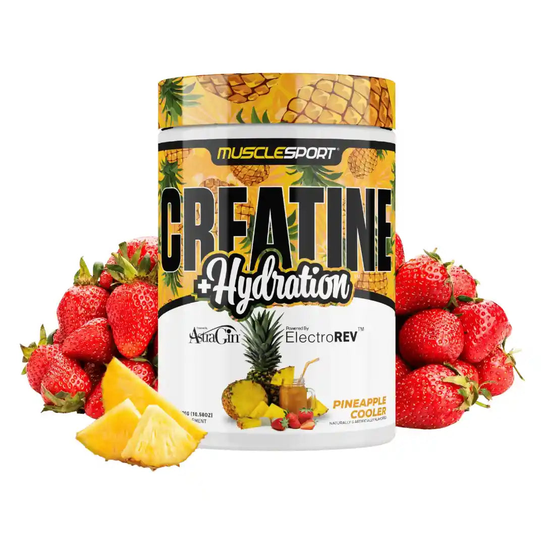 MuscleSport Creatine and Hydration 300g, Pineapple Cooler, tub front on white background