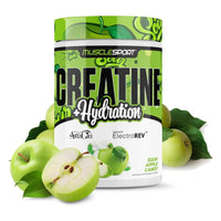 MuscleSport Creatine and Hydration 300g, Sour Apple Candy, tub front on white background