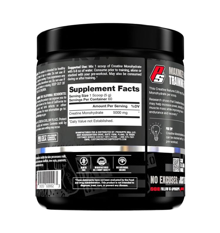 ProSupps Creatine Monohydrate tub showing the supplement facts label