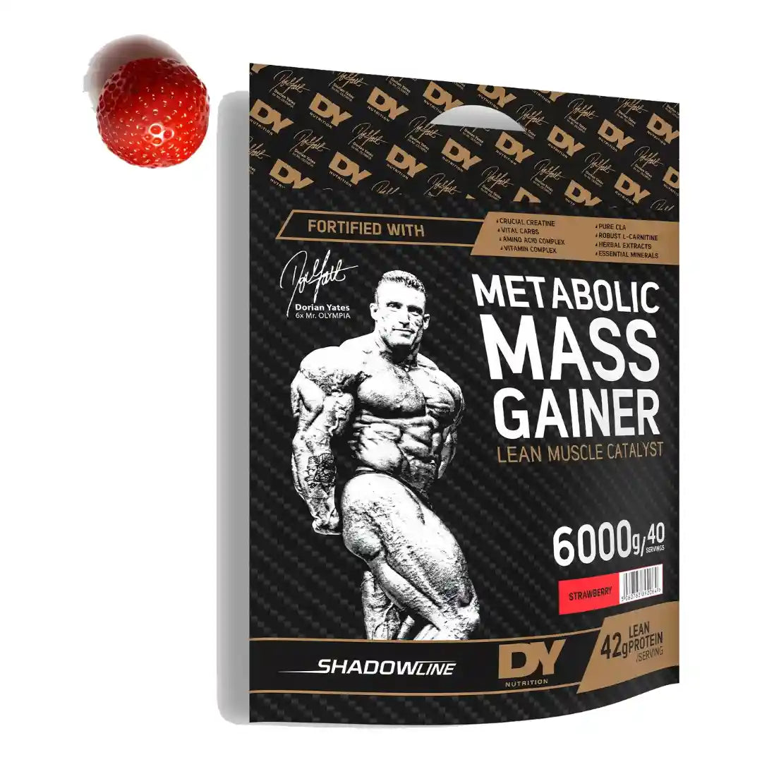 DY Nutrition Metabolic Mass Gainer 6000g bag, Strawberry flavour, front of pack on white background