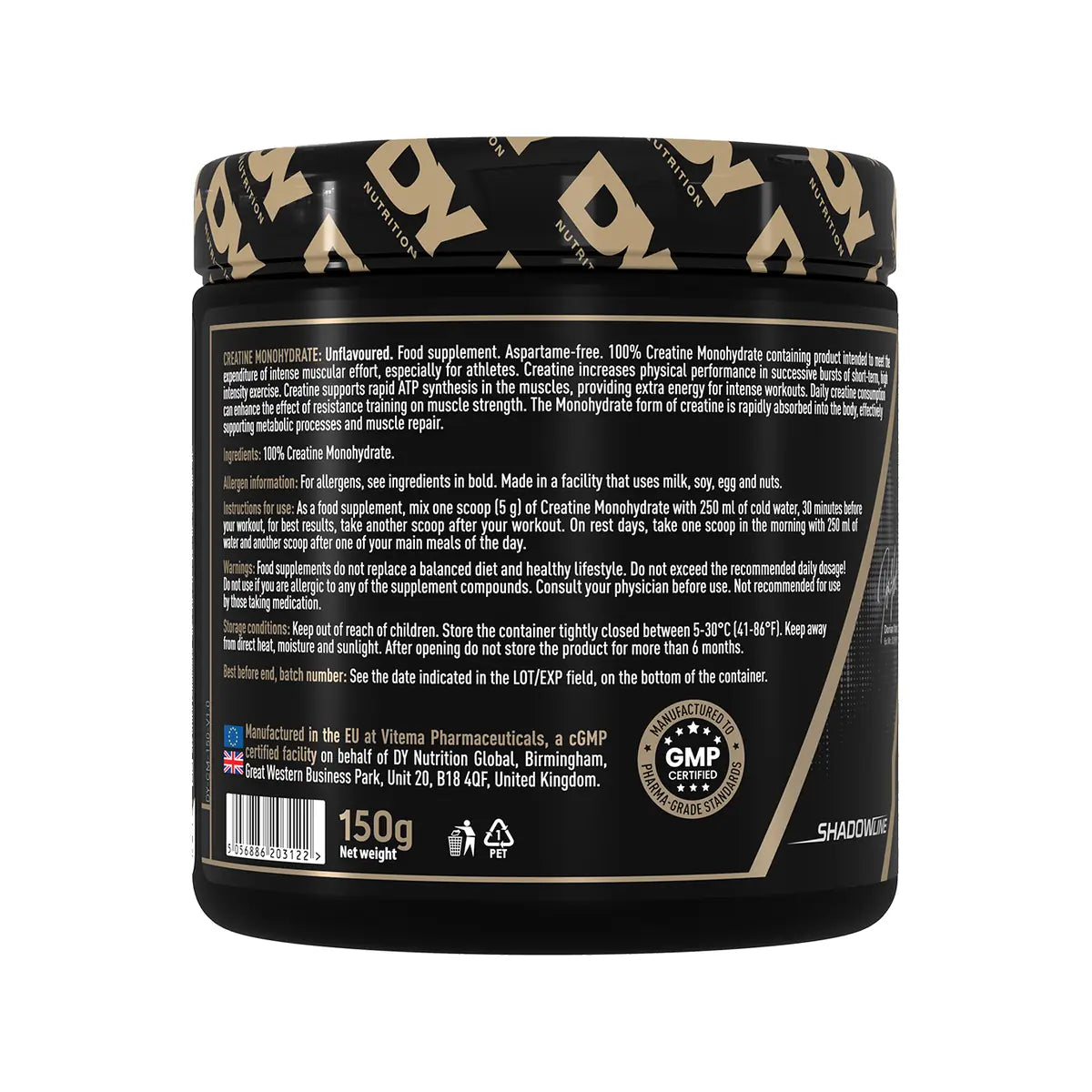 DY Nutrition Creatine Monohydrate 150g unflavoured tub – ingredients and directions