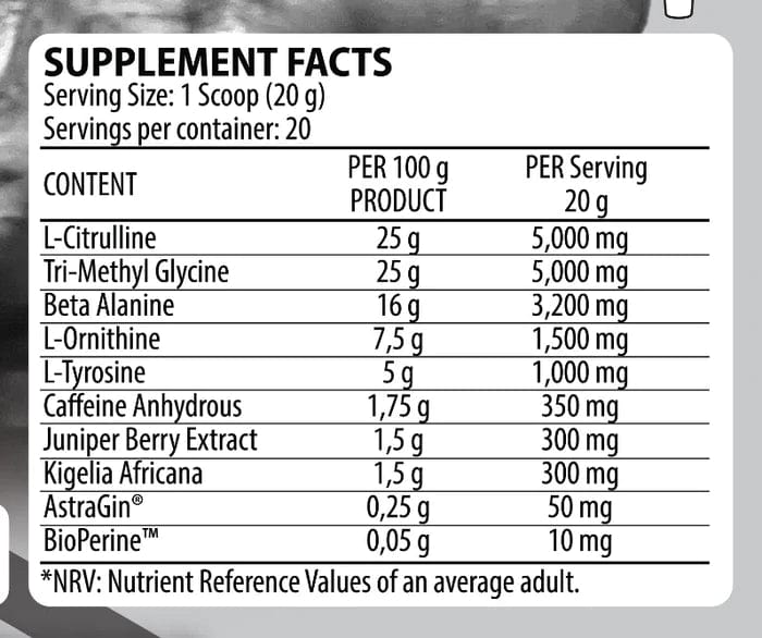 DY Nutrition Nox Pump Ultimate supplement facts panel: 20g scoop with citrulline, trimethylglycine, beta-alanine, ornithine, tyrosine and caffeine anhydrous