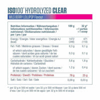 Dymatize ISO100 Hydrolyzed Clear 900g Wild Berry Lollipop nutrition information label