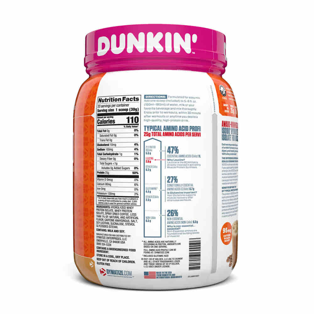 Dymatize ISO100 Dunkin Cappuccino Supplement Facts and back label