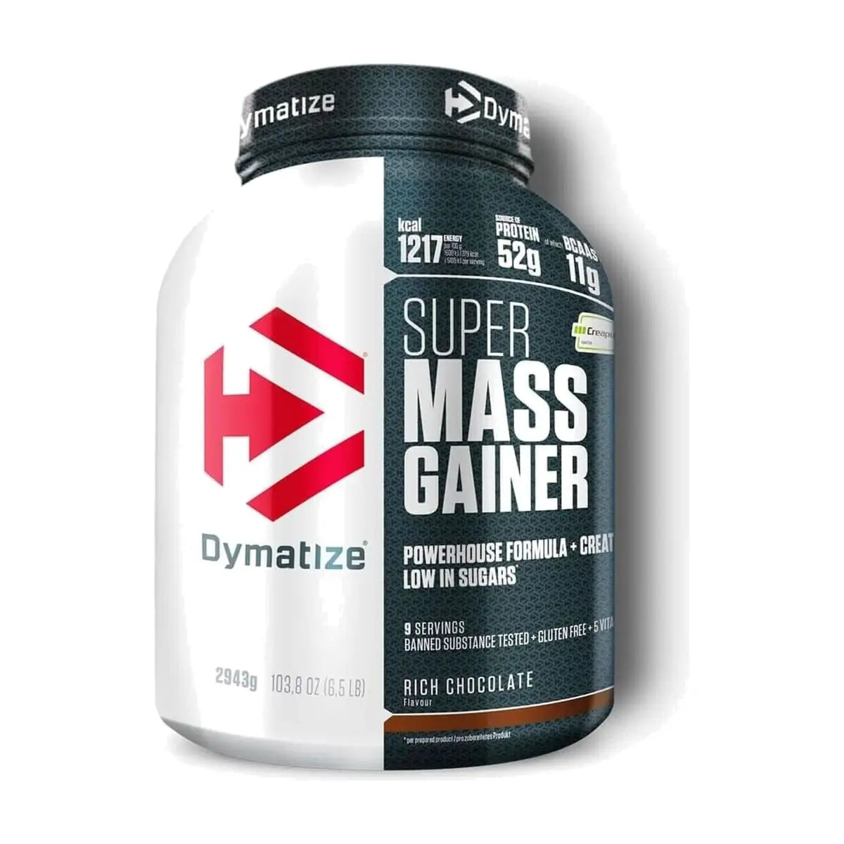 Dymatize Super Mass Gainer 2943g Rich Chocolate tub on white background