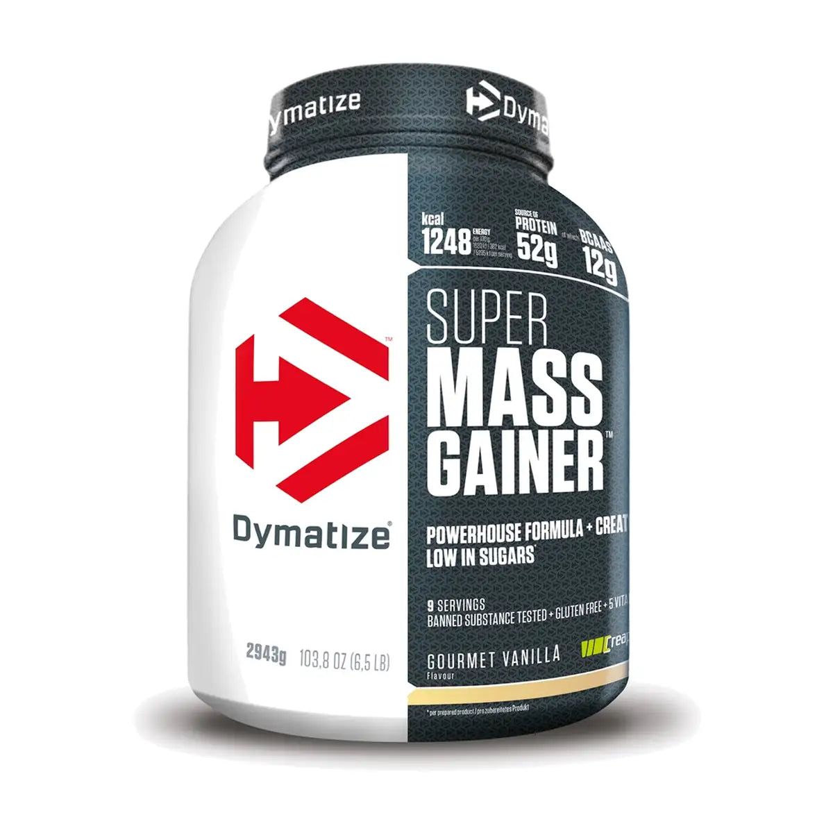 Dymatize Super Mass Gainer 2943g Gourmet Vanilla tub on white background