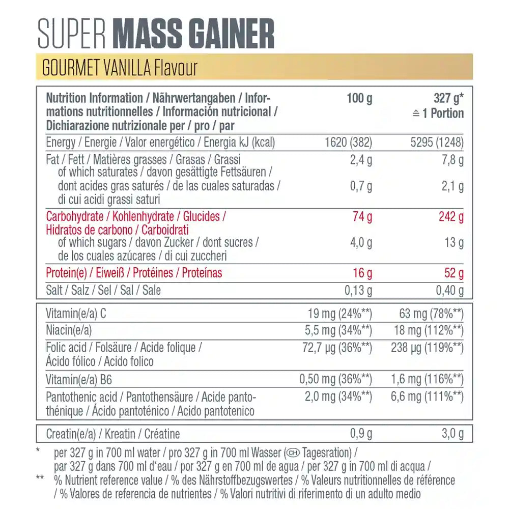 Dymatize Super Mass Gainer 2943g Gourmet Vanilla nutrition and supplement facts label