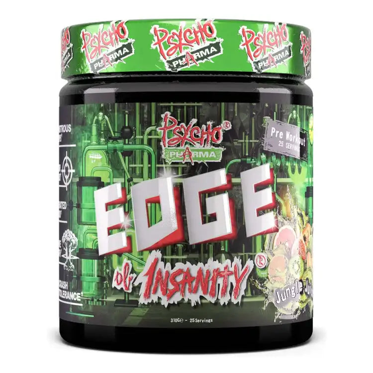 Psycho Pharma Edge of Insanity pre-workout tub, Jungle Juice flavour, front of pack
