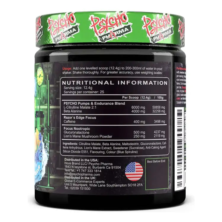Psycho Pharma Edge of Insanity nutritional information panel showing 12.4g serving with citrulline malate, beta-alanine, caffeine, glucuronolactone and lion's mane, plus the full ingredient list