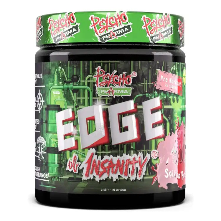 Psycho Pharma Edge of Insanity pre-workout tub, Spiked Punch flavour, front of pack