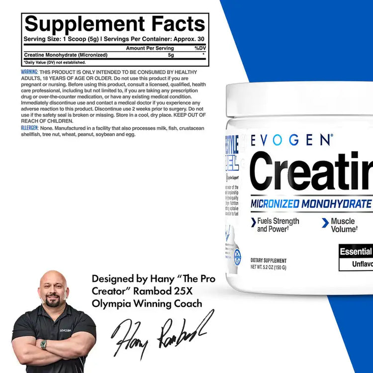 Evogen Creatine Monohydrate 150g supplement facts and allergen information