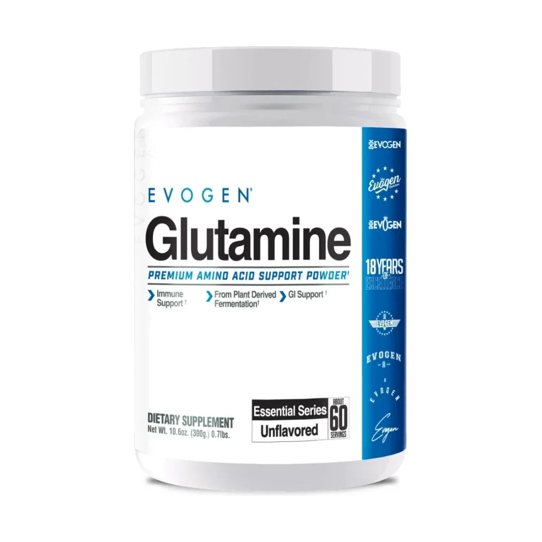 Evogen Glutamine 300g unflavoured L-glutamine powder tub front on white background