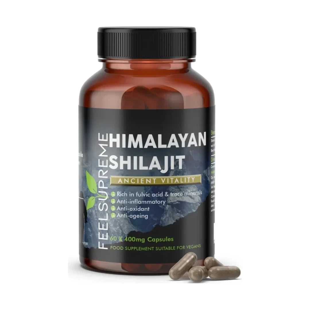 Feel Supreme Himalayan Shilajit 60 vegan capsules bottle front on white background