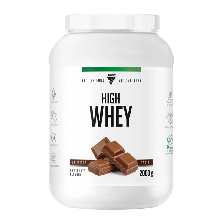 Trec Nutrition High Whey 2kg tub, Chocolate flavour, front of pack