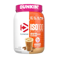 Dymatize ISO 100 hydrolysed whey protein isolate tub, Dunkin' Cappuccino flavour, 20 servings, 95mg caffeine per scoop
