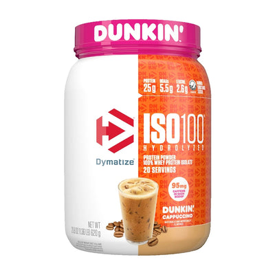 Dymatize ISO 100 hydrolysed whey protein isolate tub, Dunkin' Cappuccino flavour, 20 servings, 95mg caffeine per scoop