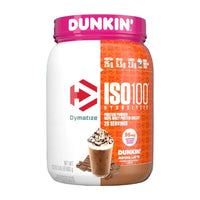 Dymatize ISO 100 hydrolysed whey protein isolate tub, Dunkin' Mocha Latte flavour, 20 servings, 95mg caffeine per scoop