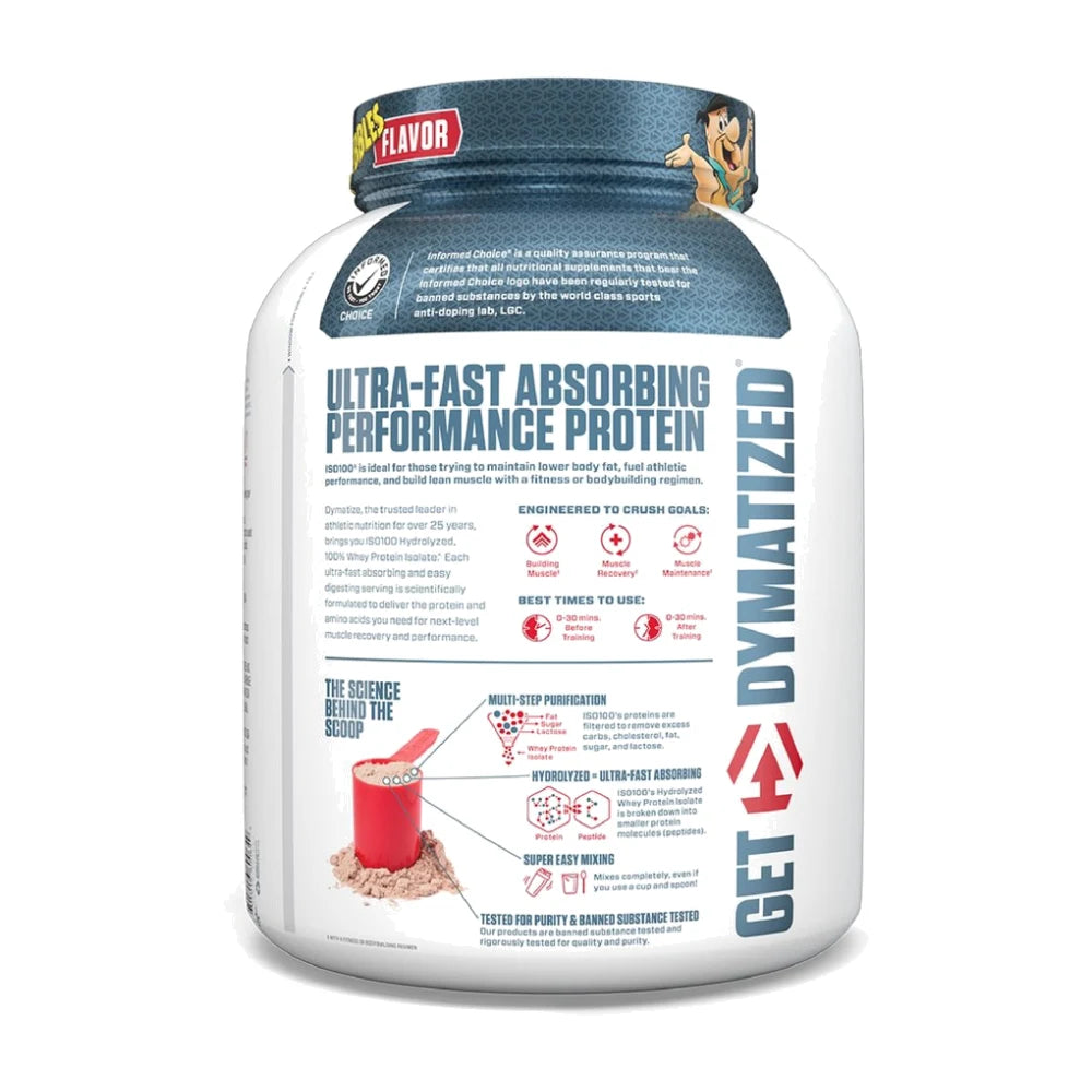 Dymatize ISO 100 2.3kg Cocoa Pebbles, back of tub showing product information