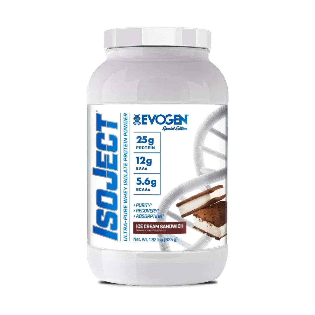 Evogen IsoJect Whey Protein Isolate Ice Cream Sandwich tub front on white background