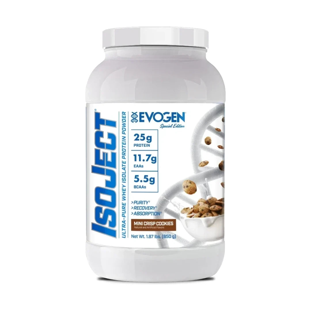 Evogen IsoJect Whey Protein Isolate Mini Crisp Cookies tub front on white background