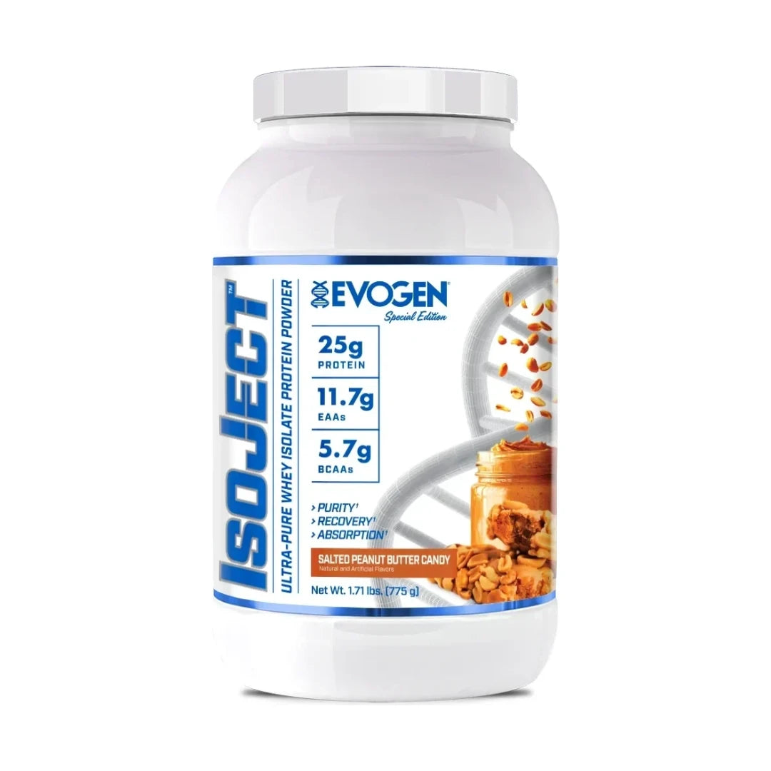 Evogen IsoJect Whey Protein Isolate Salted Peanut Butter Candy tub front on white background