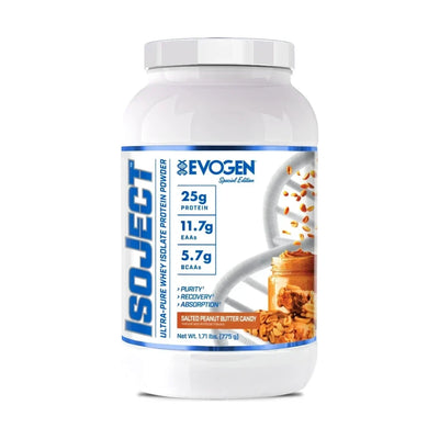 Evogen IsoJect Whey Protein Isolate Salted Peanut Butter Candy tub front on white background
