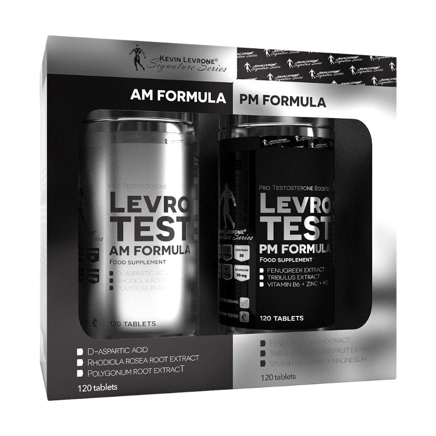 Kevin Levrone Levro Test AM and PM supplement packaging on a white background