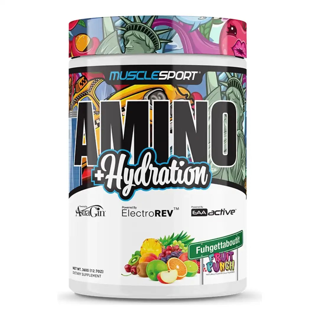 MuscleSport Amino + Hydration 360g EAA and electrolyte powder tub, Fuhgettaboutit Fruit Punch flavour